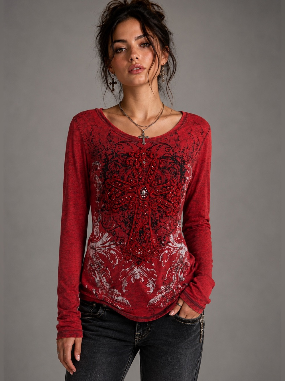 Maurices Embellished Cross Top Medium | Western Boho Rhinestone Long Sleeve Tee